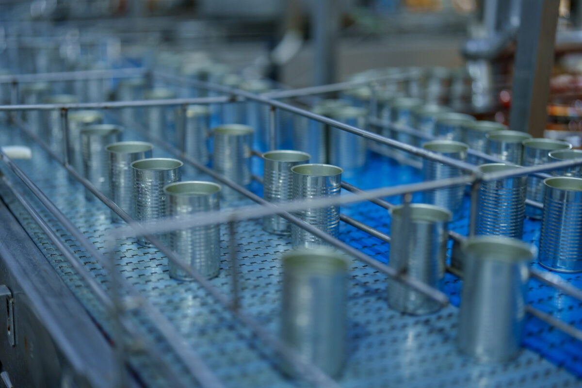 Cans are lined up on conveyor belt in fish processing industry, showcasing efficiency and precision of modern manufacturing. scene reflects dedication to quality and productivity