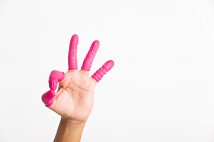 Woman,Hand,Wearing,Pink,Finger,Cots,Rubber,Protect,Help,Prevent
